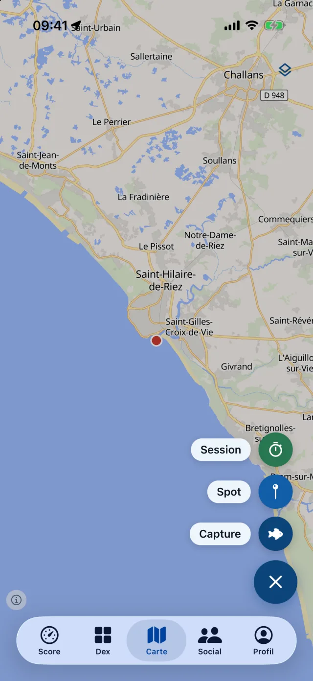 Map — start a session, drop a spot or log a catch